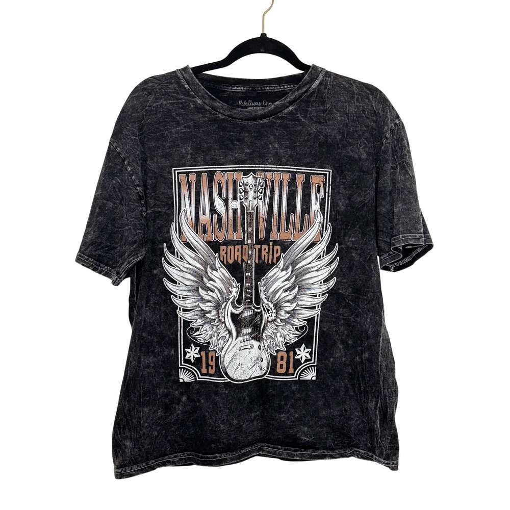 Rebellious One Nashville Road Trip Graphic Tee Acid Wash Black Cotton Large